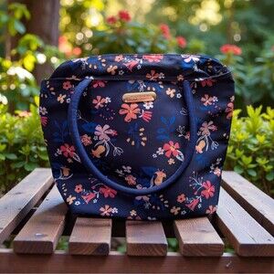 Tupperware Floral Insulated Lunch Bag Navy Blue Zip Tote